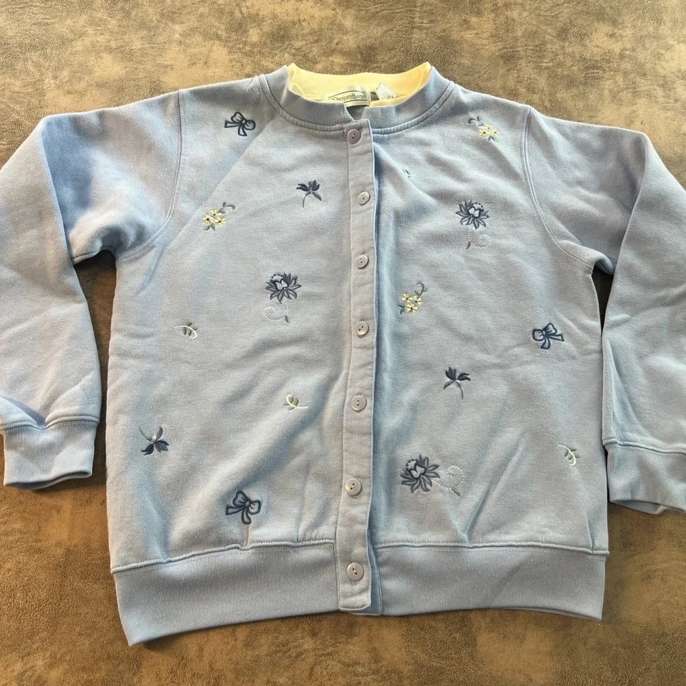 VTG Cardigan Sweater SHENANIGANS Size S Blue Fleece‎ Floral Cottage Core